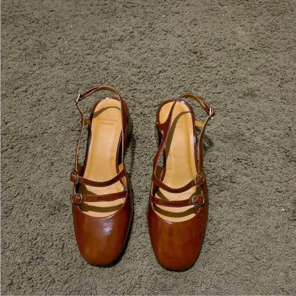 🍂🍎Sezane PAULA BABIES in PATENT CAMEL Sling back Heels - Picture 7 of 13
